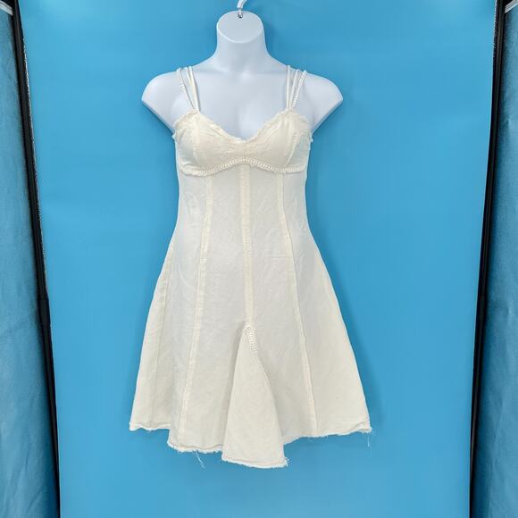 Y2K Ivory Babydoll Dress Medium Fairycore Boho Frayed Corset Style Mini Festival - Picture 1 of 12